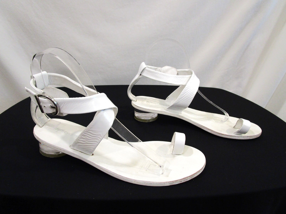 Jeffrey Campbell White Patent Leather Toe Loop Lucite Heel Sandals Women 8
